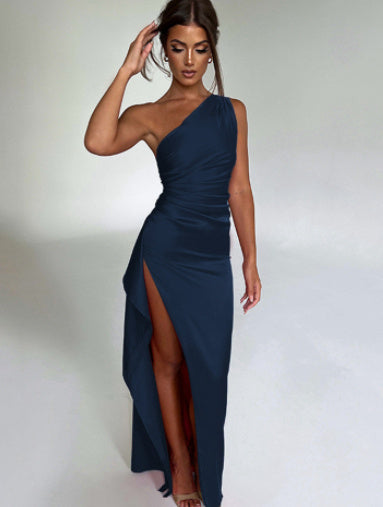 One-Shoulder atin Kleid Elegant Slim-Fit einfarbig