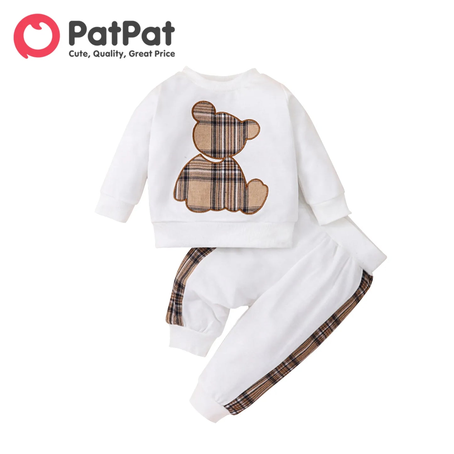 PatPat 2-teiliges Set aus langärmligem Sweatshirt und Jogginghose mit Karomuster und Bärenstickerei für Babys (Jungen/Mädchen)