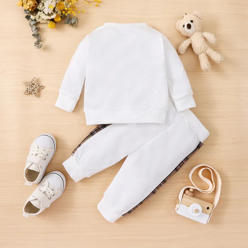 PatPat 2-teiliges Set aus langärmligem Sweatshirt und Jogginghose mit Karomuster und Bärenstickerei für Babys (Jungen/Mädchen)